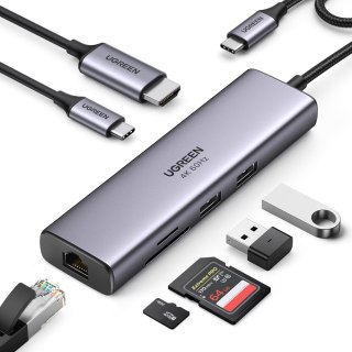 7W1 WIELOFUNKCYJNY HUB USB-C - 2X USB HDMI 4K CZYTNIK KART SD I TF USB-C RJ45 1GBPS SZARY