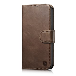 2W1 ETUI SKÓRZANY POKROWIEC Z KLAPKĄ IPHONE 14 ANTI-RFID OIL WAX WALLET CASE CIEMNO-BRĄZOWY