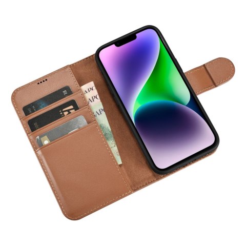 2W1 ETUI SKÓRZANY POKROWIEC Z KLAPKĄ IPHONE 14 ANTI-RFID WALLET CASE BRĄZOWY