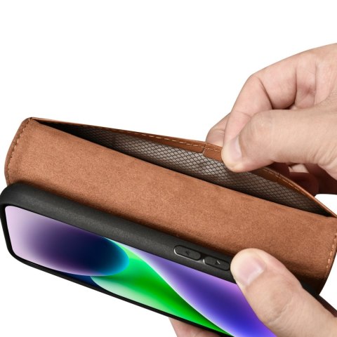 2W1 ETUI SKÓRZANY POKROWIEC Z KLAPKĄ IPHONE 14 ANTI-RFID WALLET CASE BRĄZOWY