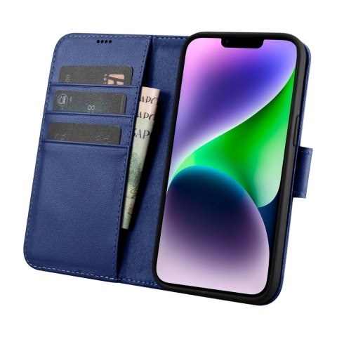 2W1 ETUI SKÓRZANY POKROWIEC Z KLAPKĄ IPHONE 14 ANTI-RFID WALLET CASE NIEBIESKI