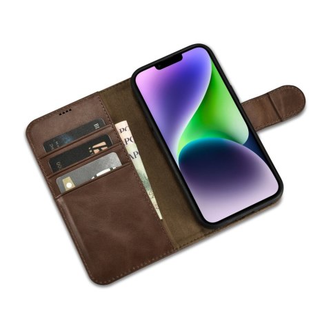 2W1 ETUI SKÓRZANY POKROWIEC Z KLAPKĄ IPHONE 14 PLUS ANTI-RFID OIL WAX WALLET CASE CIEMNO-BRĄZOWY