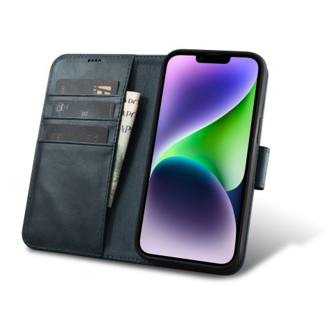 2W1 ETUI SKÓRZANY POKROWIEC Z KLAPKĄ IPHONE 14 PLUS ANTI-RFID OIL WAX WALLET CASE NIEBIESKI