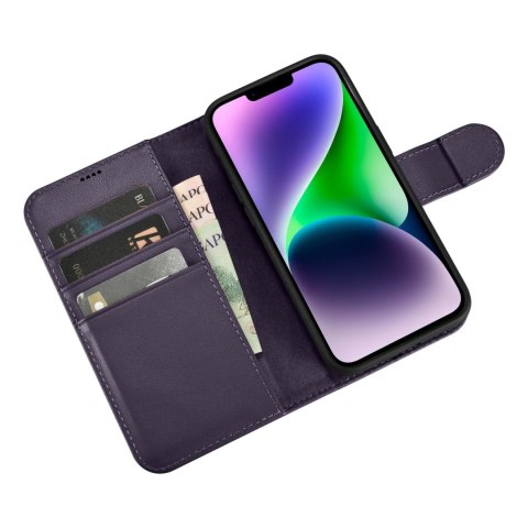 2W1 ETUI SKÓRZANY POKROWIEC Z KLAPKĄ IPHONE 14 PLUS ANTI-RFID WALLET CASE CIEMNOFIOLETOWY