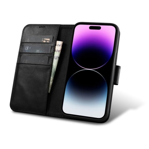 2W1 ETUI SKÓRZANY POKROWIEC Z KLAPKĄ IPHONE 14 PRO ANTI-RFID OIL WAX WALLET CASE CZARNY