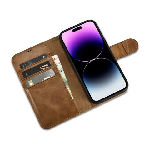 2W1 ETUI SKÓRZANY POKROWIEC Z KLAPKĄ IPHONE 14 PRO ANTI-RFID OIL WAX WALLET CASE JASNO-BRĄZOWY