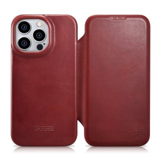 SKÓRZANE ETUI IPHONE 14 PRO MAX Z KLAPKĄ MAGNETYCZNE MAGSAFE CE OIL WAX PREMIUM LEATHER BORDOWY