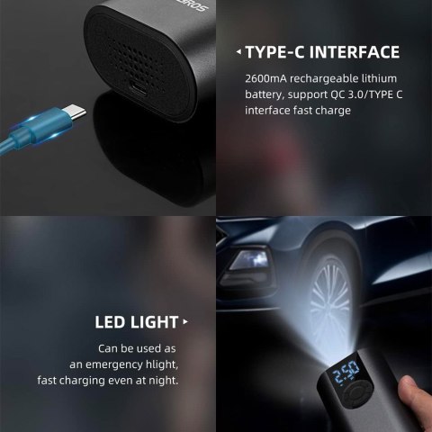 ELEKTRYCZNA POMPKA ROWER MOTOR AUTO PIŁKA 10 BAR Z WYŚWIETLACZEM LED + KABEL USB-C CZARNA