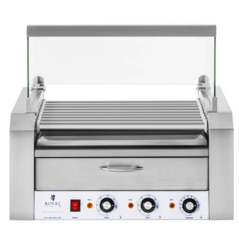 Roller grill rolkowy z osłoną i szufladą grzewczą do bułek 16 parówek HotDog 2200W 230V Royal Catering