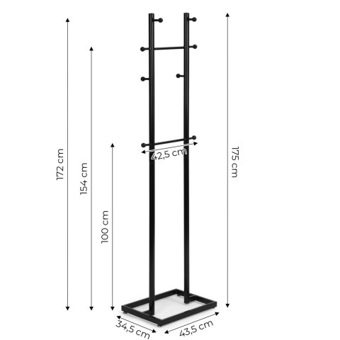 Wieszak stojący 8 haczyków 175 cm metal czarny ModernHome