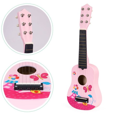 Gitara dla dzieci drewniana metalowe struny kostka - różowa ECOTOYS