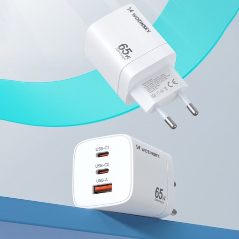 Ładowarka sieciowa GaN 65W 100-240V USB-A 2x USB-C biała