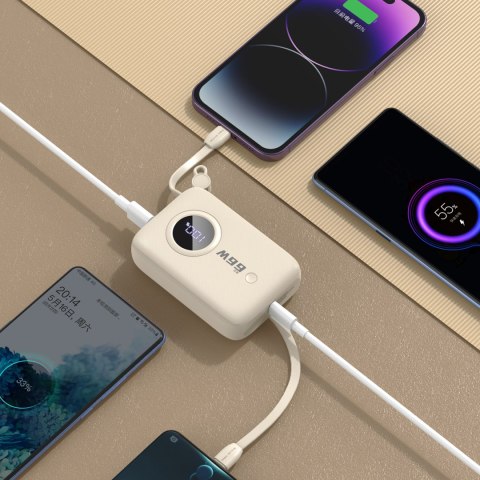 Powerbank 10000mAh z kablami USB-C / iPhone Lightning beżowy