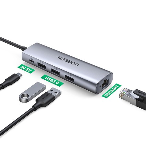 5w1 HUB Adapter USB-A 3.0 - RJ45 / 3x USB-A 3.0 / micro USB - szary 5w1 HUB Adapter USB-A 3.0 - RJ45 / 3x USB-A 3.0 / micro USB - szary