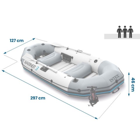 Ponton dmuchany Mariner 3 dla 3 osób wiosła pompka uchwyty na wędkę i silnik INTEX 68373