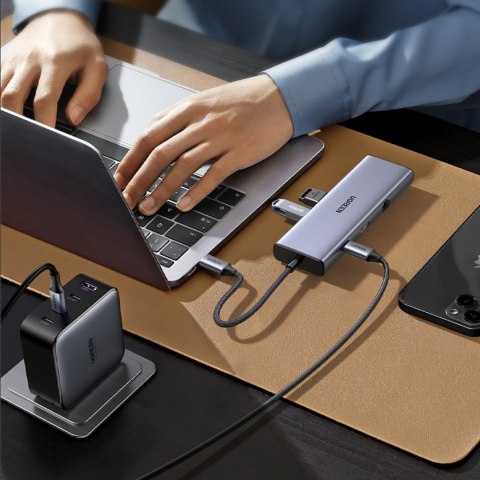 HUB Adapter USB-C - 3x USB-A 3.0 / HDMI / VGA / RJ45 / czytnik kart SD / TF / USB-C PD - szary