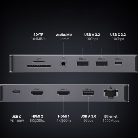 13w1 HUB adapter USB-C - USB-A / USB-C / HDMI / DisplayPort / RJ45 / SD TF / AUX / USB-C PD - szary 13w1 HUB adapter USB-C - USB-A / USB-C / HDMI / DisplayPort / RJ45 / SD TF / AUX / USB-C PD - szary