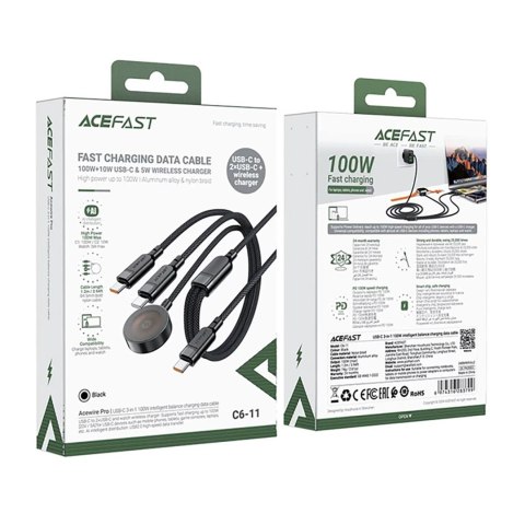 3w1 Kabel przewód USB-C - 2x USB-C / ładowarka Apple Watch Qi 480Mb/s 100W 1.2m - czarny 3w1 Kabel przewód USB-C - 2x USB-C / ładowarka Apple Watch Qi 480Mb/s 100W 1.2m - czarny
