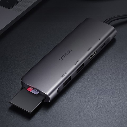 6w1 HUB adapter USB-C - HDMI USB-A USB-C PD czytnik SD TF - szary