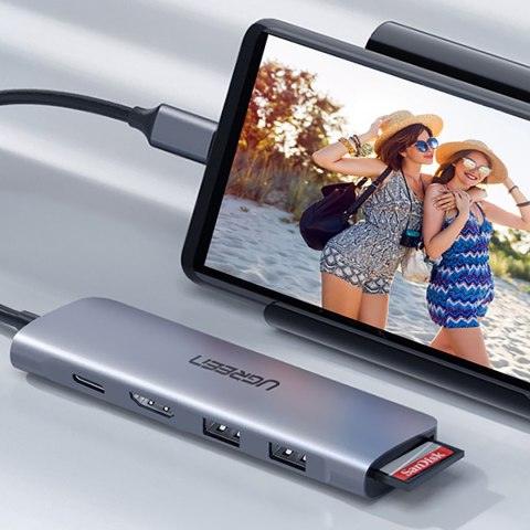 6w1 HUB adapter USB-C - HDMI USB-A USB-C PD czytnik SD TF - szary