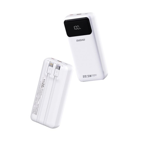 Powerbank 20000mAh z wbudowanymi kablami iPhone Lightning USB-C USB-A 22.5W PD - biały