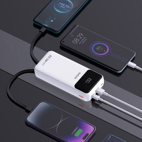 Powerbank 20000mAh z wbudowanymi kablami iPhone Lightning USB-C USB-A 22.5W PD - biały