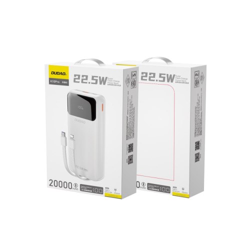 Powerbank 20000mAh z wbudowanymi kablami iPhone Lightning USB-C USB-A 22.5W PD - biały