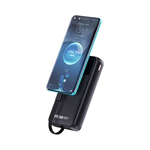 Powerbank 20000mAh z wbudowanymi kablami iPhone Lightning USB-C USB-A 22.5W PD - czarny