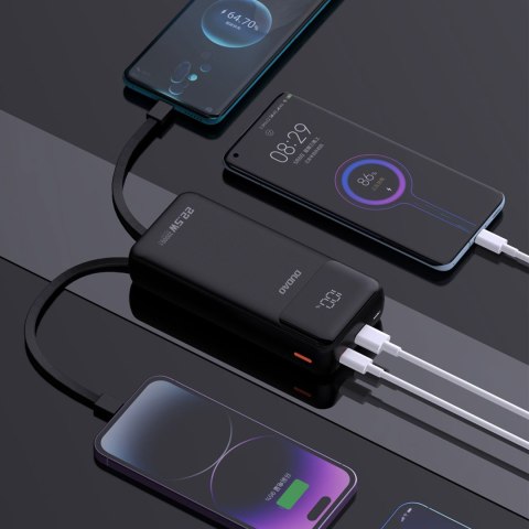 Powerbank 20000mAh z wbudowanymi kablami iPhone Lightning USB-C USB-A 22.5W PD - czarny