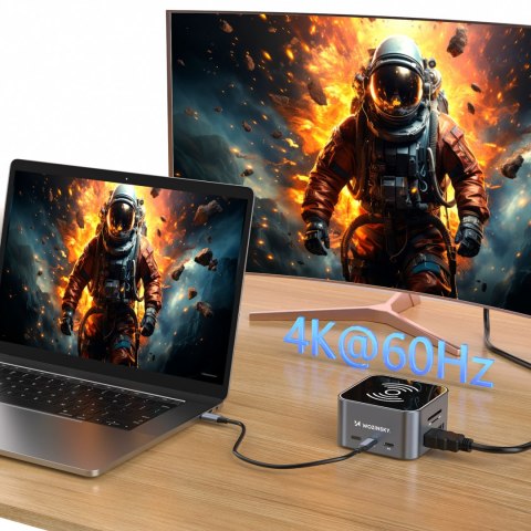 12w1 Hub z ładowarką bezprzewodową USB-A USB-C HDMI RJ45 SD TF mini jack - szary