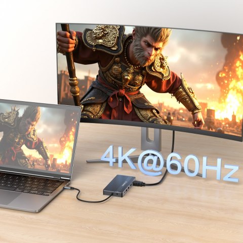14w1 HUB do 3 monitorów USB-A USB-C DisplayPort HDMI RJ45 SD TF mini jack - szary