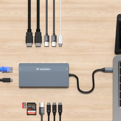 14w1 HUB do 3 monitorów USB-A USB-C DisplayPort HDMI RJ45 SD TF mini jack - szary