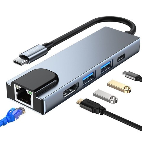 5w1 HUB rozdzielacz USB-C na USB-C USB-A HDMI RJ45 - szary 5w1 HUB rozdzielacz USB-C na USB-C USB-A HDMI RJ45 - szary