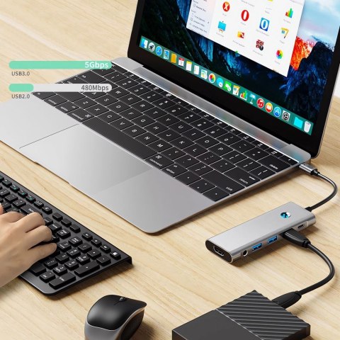 9w1 HUB Adapter USB-C USB-A HDMI SD TF PD 100W mini jack 3.5 4K 60Hz - szary